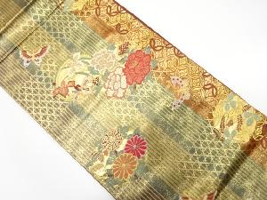 縞に花・蝶模様織り出し　袋帯